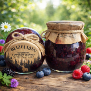 Dwa słoiki konfitury z owoców leśnych Bliżej Lasu na drewnianym stole, ozdobione papierem kraft i jutowym sznurkiem, w otoczeniu borówek, malin i jeżyn na jasnym, naturalnym tle ogrodu.
