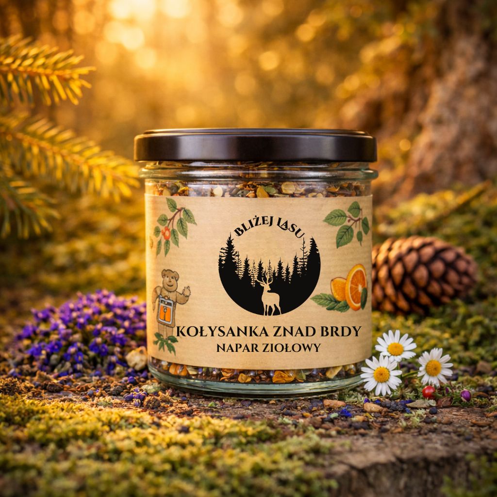 Kołysanka Znad Brdy ziołowa herbata z melisą, lawendą i kozłkiem lekarskim w słoiku Bliżej Lasu