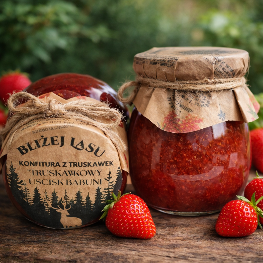 Dwa słoiki konfitury truskawkowej Bliżej Lasu na drewnianym stole, z papierowym przykryciem i sznurkiem jutowym, otoczone świeżymi truskawkami.