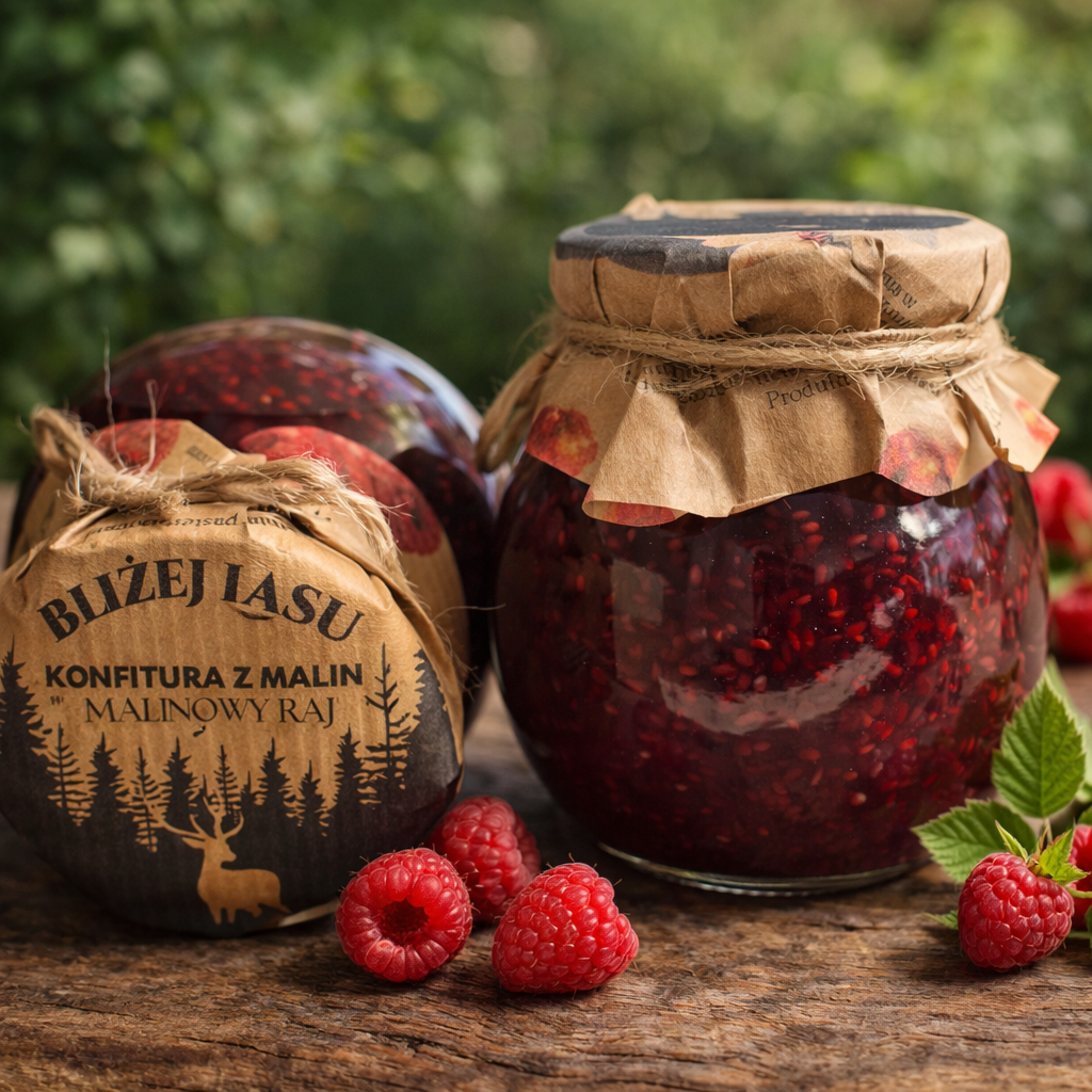 Dwa słoiki konfitury malinowej Bliżej Lasu na drewnianym stole, udekorowane papierem kraft i jutowym sznurkiem, w otoczeniu świeżych malin i zielonych liści.