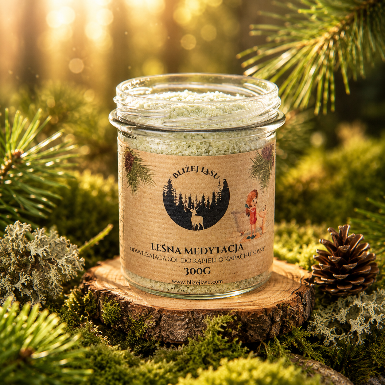Słoik soli do kąpieli Leśna Medytacja marki Bliżej Lasu w leśnej aranżacji z mchem, sosnowymi gałązkami i naturalnym drewnem.