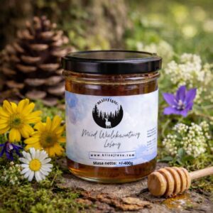 Słoik miodu wielokwiatowego leśnego 400g z czarną nakrętką na tle mchu i leśnych kwiatów