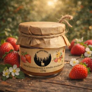 Miód kremowany o smaku truskawki w słoiczku, otoczony świeżymi truskawkami, na drewnianym tle w naturalnym, rustykalnym stylu.
