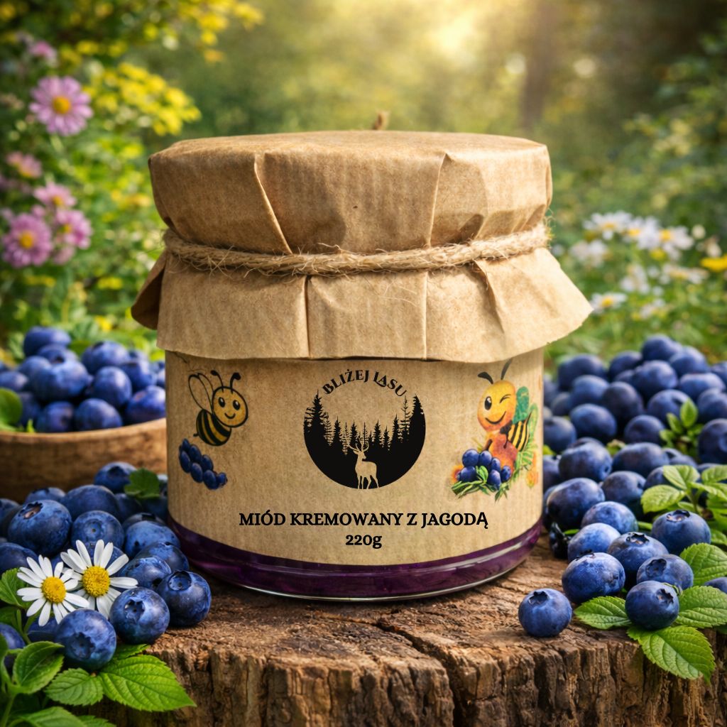 Słoik miodu kremowanego z jagodą 220g na drewnianym pniu, otoczony świeżymi jagodami i kwiatami w słonecznym, leśnym tle.