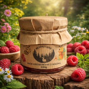 Słoik miodu kremowanego z maliną 220g na drewnianym pniu, otoczony świeżymi malinami i kwiatami w leśnej scenerii.