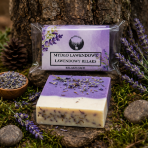 Mydło lawendowe Lawendowy Relaks naturalne w kostce z suszoną lawendą na tle mchu i drewna
