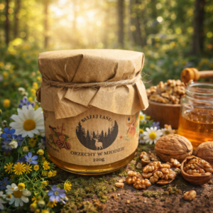 Słoik orzechów włoskich w naturalnym miodzie 220g w rustykalnym opakowaniu.