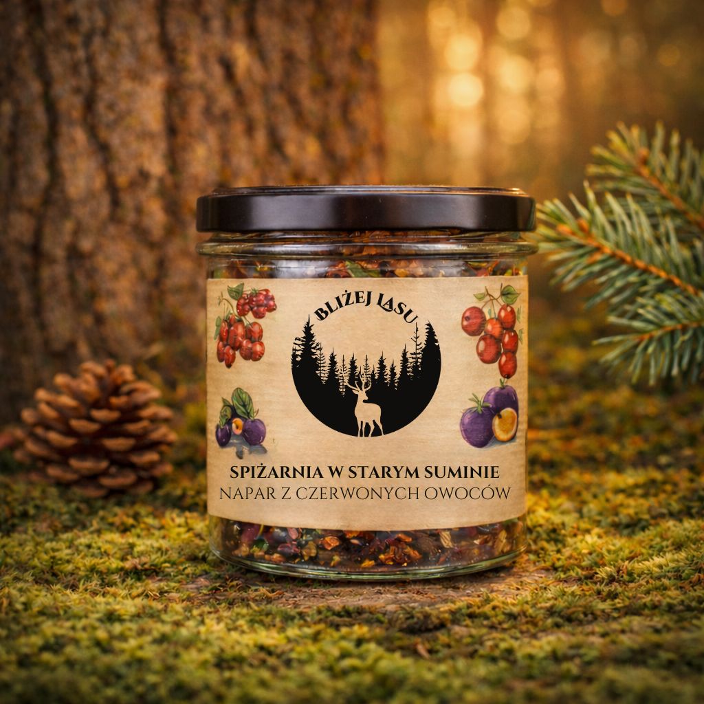 Szklany słoik herbaty owocowej Spiżarnia w Starym Suminie marki Bliżej Lasu stojący na zielonym mchu w lesie, oświetlony ciepłym światłem.