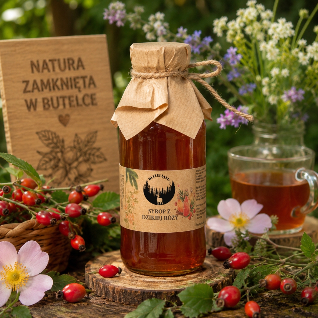 Syrop z dzikiej róży Bliżej Lasu w naturalnej aranżacji z owocami róży