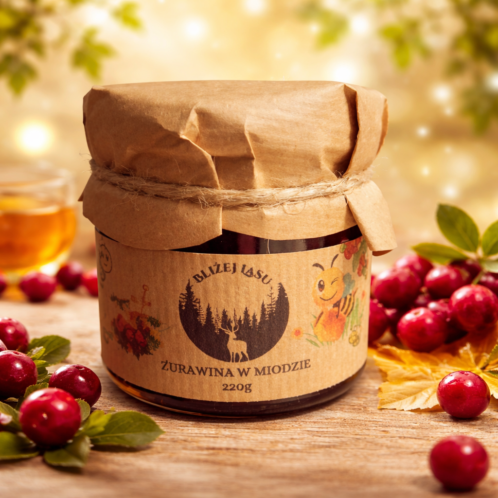 Słoik żurawiny w miodzie Bliżej Lasu 220 g na ciepłym, naturalnym tle z owocami żurawiny i miodem