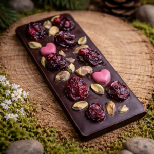 czekolada deserowa z wiśnią pistacją i serduszkami na leśnym tle