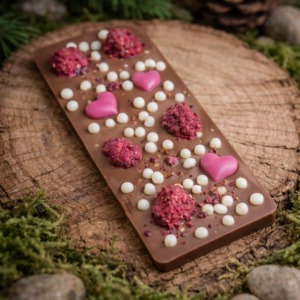 czekolada mleczna z maliną i crispearls na drewnianym tle