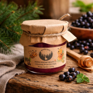 Słoik miodu kremowanego z czarną porzeczką 220 g na drewnianym stole, w otoczeniu świeżych porzeczek i drewnianej łyżki do miodu.