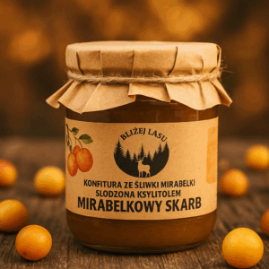 Słoiczek konfitury „Mirabelkowy Skarb” słodzonej ksylitolem od marki Bliżej Lasu, ustawiony na drewnianym tle w otoczeniu żółtych mirabelek.