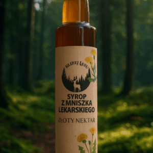 Syrop z mniszka lekarskiego Bliżej Lasu w butelce – naturalny, domowy smak.