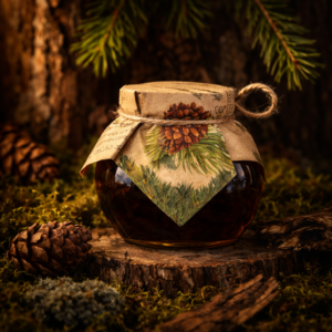 syrop z zielonej szyszki sosny Oddech Natury 170 ml w słoiczku na leśnym, rustykalnym tle