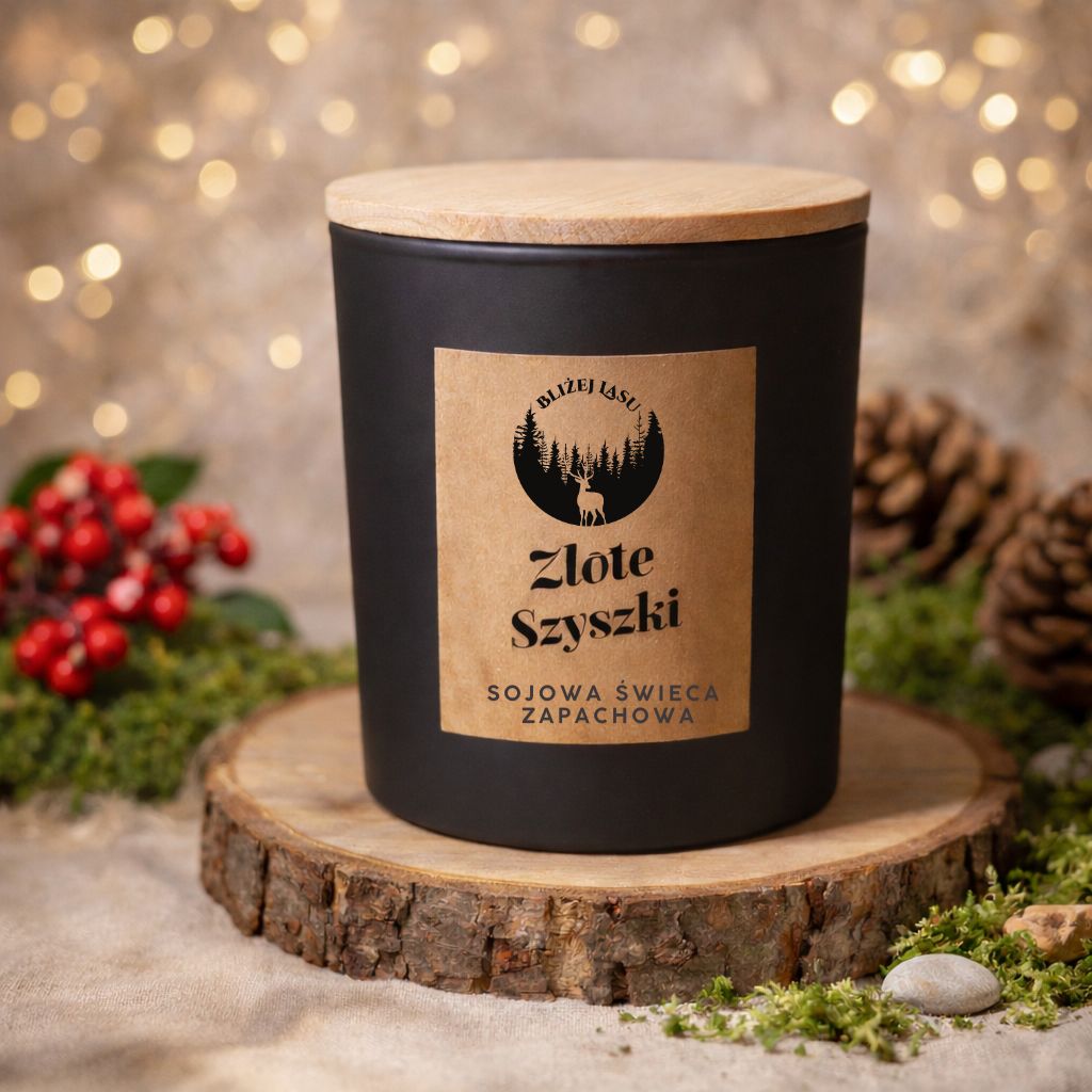 Świeca sojowa „Złote Szyszki” w czarnym, matowym szkle z drewnianą pokrywką na eleganckim, leśnym tle z szyszkami i ciepłym światłem.