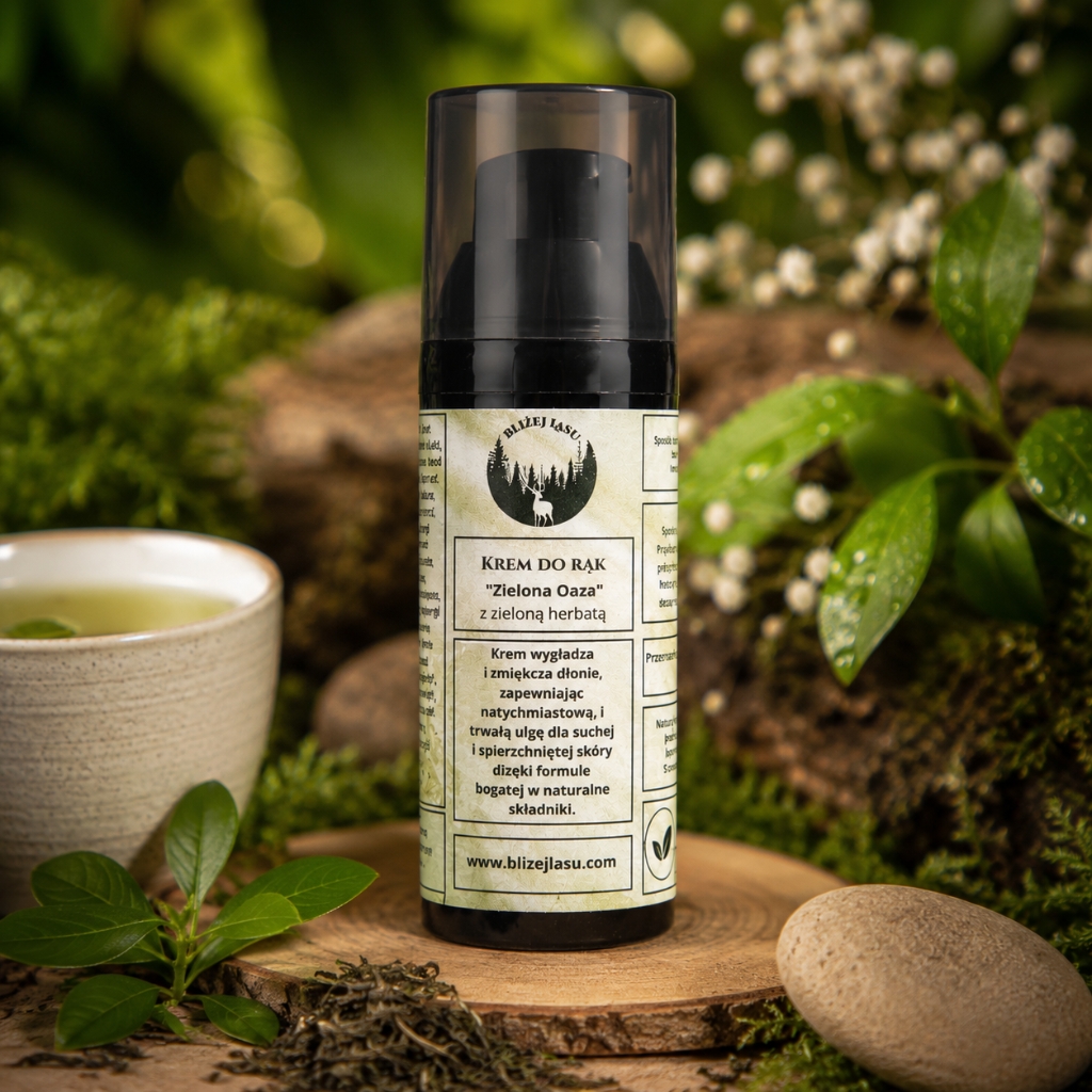 Naturalny krem do rąk Zielona Oaza z zieloną herbatą marki Bliżej Lasu w leśnej aranżacji.