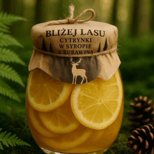 Słoiczek z plasterkami cytryny i żurawiną w słodkim syropie