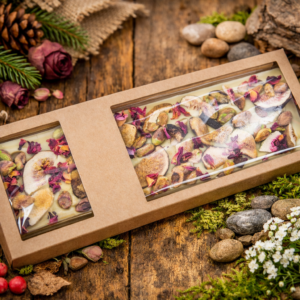 Biała czekolada z figą, pistacjami i płatkami róż zapakowana w eleganckie pudełko z okienkiem