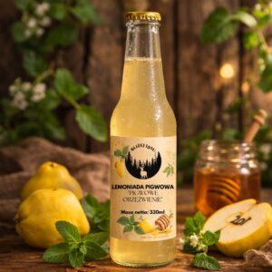 Lemoniada pigwowa z miętą i miodem 330 ml – Pigwowe Orzeźwienie z Miętą i Miodem w szklanej butelce na drewnianym tle