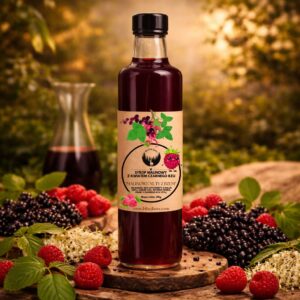 syrop malinowy z kwiatem czarnego bzu 315g w wysokiej szklanej butelce