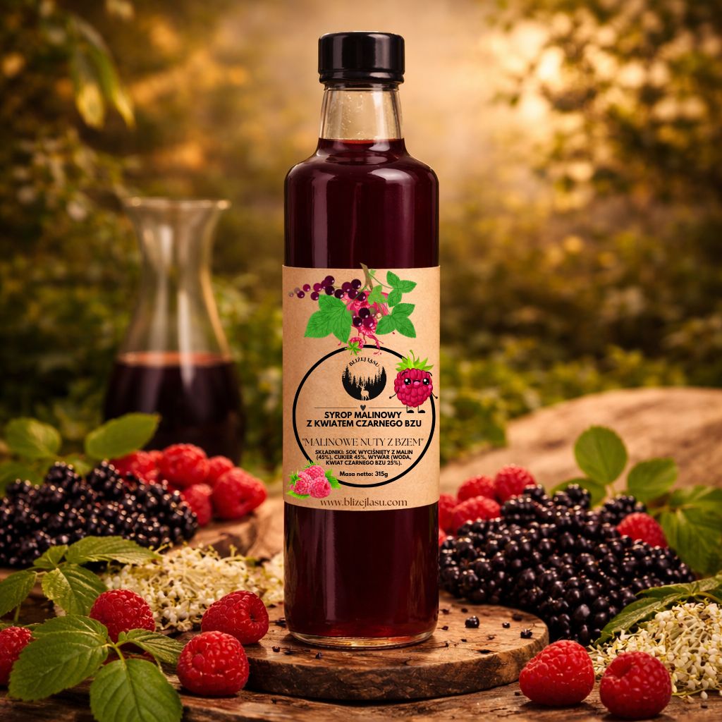 syrop malinowy z kwiatem czarnego bzu 315g w wysokiej szklanej butelce