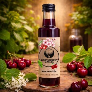 syrop wiśniowy z melisą Wiśniowa Melodia 315 g w wysokiej szklanej butelce