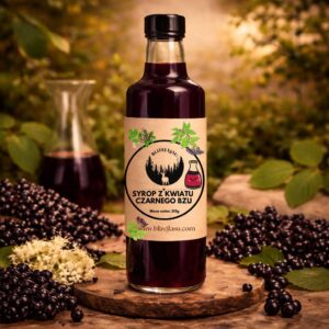 syrop z owocu czarnego bzu 315 g w wysokiej szklanej butelce z czarną nakrętką