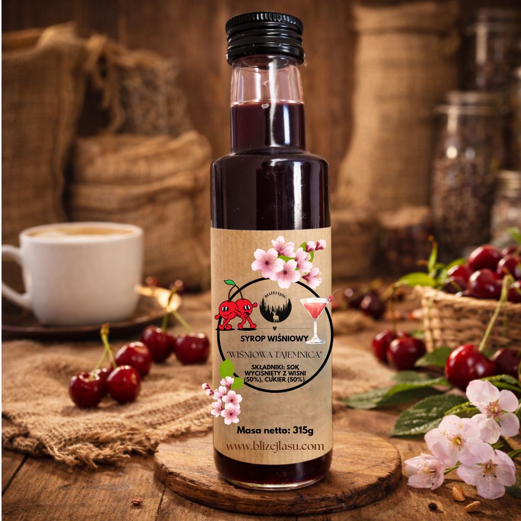 syrop z wiśni Wiśniowa Tajemnica 315 g w wysokiej szklanej butelce