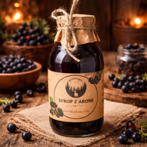 Syrop z aronii w szklanej butelce z kraftową etykietą, ustawiony na drewnianym stole w ciepłym, rustykalnym klimacie.