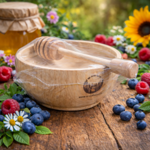 Drewniana miseczka do miodu z nabierakiem na rustykalnym stole, otoczona borówkami, malinami i kwiatami w słonecznym ogrodowym tle.