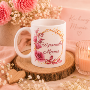 Kubek Wspaniała Mama w romantycznej aranżacji z kwiatami i świecą