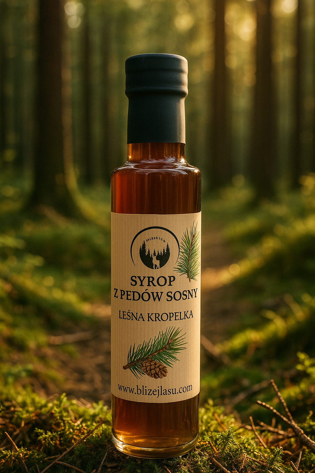 syrop z pędów sosny Leśna Kropelka na tle drewna i mchu