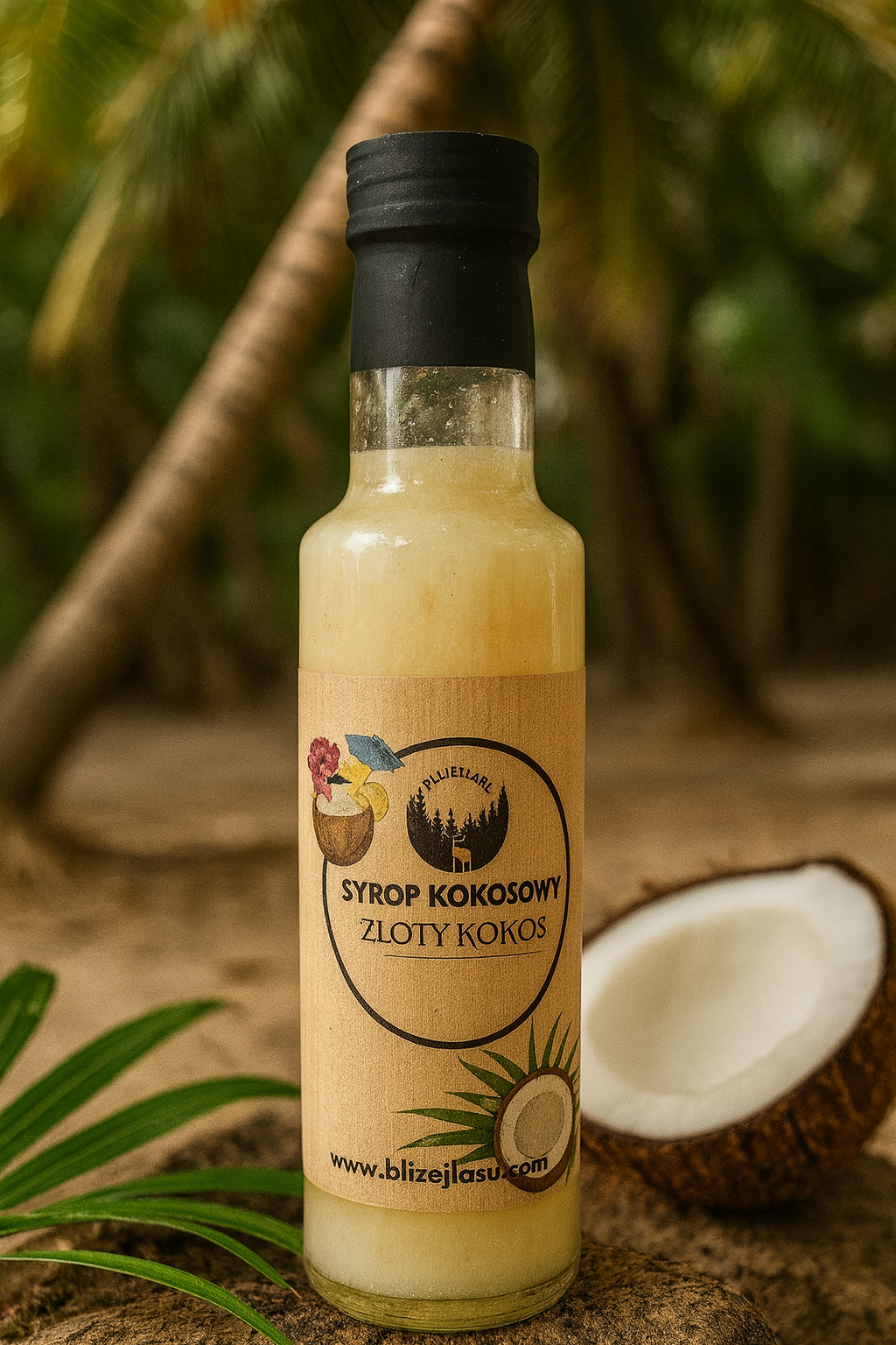 Syrop kokosowy Bliżej Lasu w butelce – naturalny słodki dodatek.