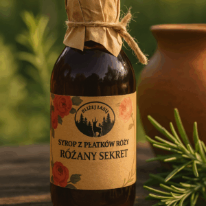 Butelka z naturalnym syropem z płatków róży o różowym kolorze