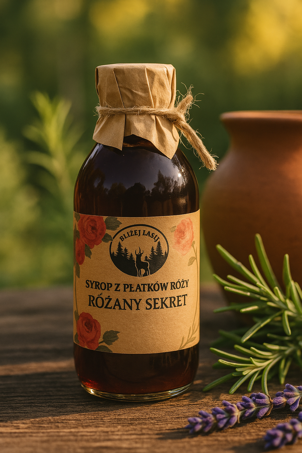 Butelka z naturalnym syropem z płatków róży o różowym kolorze