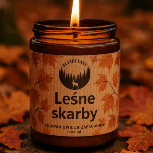 Świeca sojowa Leśne Skarby 180 ml w jesiennej aranżacji.