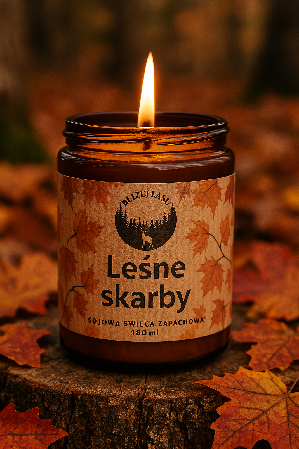 Świeca sojowa Leśne Skarby 180 ml w jesiennej aranżacji.