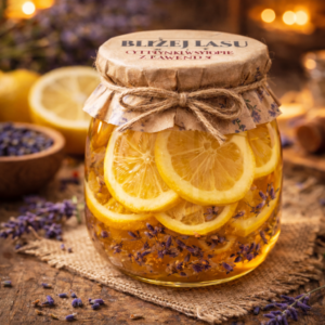 cytryna w syropie z lawendy 260 g w szklanym słoiku na drewnianym tle