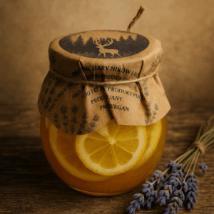 Słoiczek z cytrynkami w syropie lawendowym, ozdobiony papierowym kapturkiem i sznurkiem