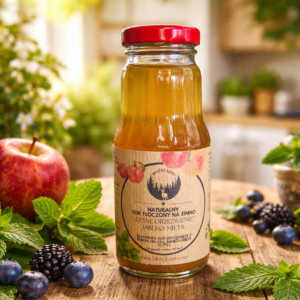 Butelka naturalnego soku jabłkowo-miętowego na drewnianym stole, otoczona jabłkiem, miętą i leśnymi owocami w jasnym wnętrzu.