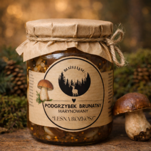 podgrzybek brunatny marynowany w słoiku na drewnianym tle