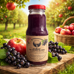 Butelka naturalnego soku jabłkowo-porzeczkowego na drewnianym stole w sadzie, otoczona jabłkami i czarną porzeczką.