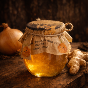 syrop z cebuli z imbirem Cebulowy Sekret Babci 150 ml w słoiczku na rustykalnym, drewnianym tle