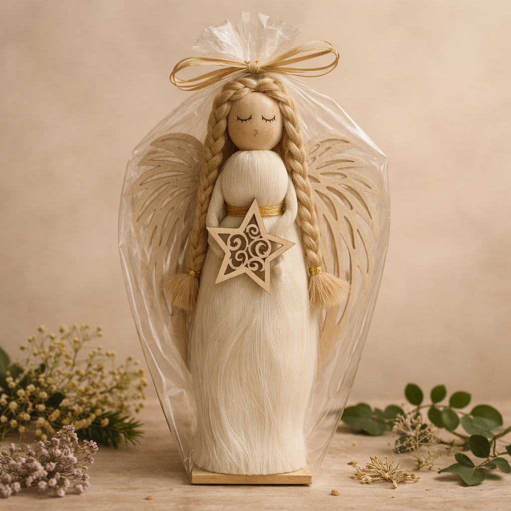 ręcznie wykonany biały anioł stojący z drewnianą gwiazdką, elegancka dekoracja i prezent dla babci i dziadka