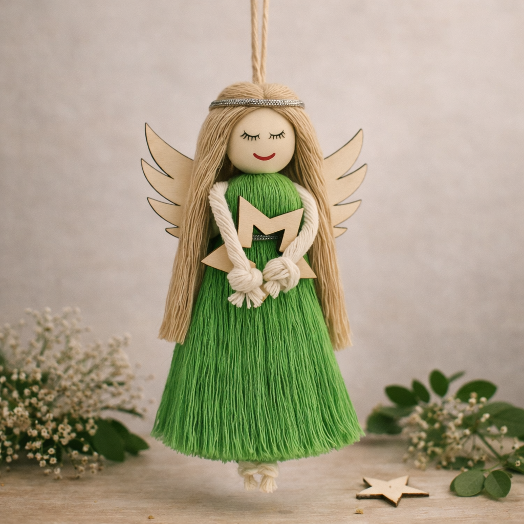 Zielony aniołek wiszący na sznurku, ręcznie wykonana dekoracja z włóczki i drewna w naturalnym stylu