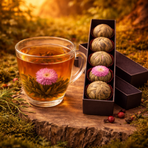 Szklanka naparu z herbaty kwitnącej oraz pudełko z kulami zielonej herbaty jaśminowej i liczi, ustawione na pniu drzewa w lesie, w ciepłym złotym świetle.