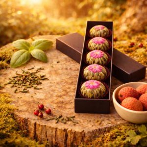 Pudełko z pięcioma kulami herbaty kwitnącej z liczi stojące na pniu drzewa w lesie, w ciepłym złotym świetle, obok świeżych owoców liczi i listków herbaty.