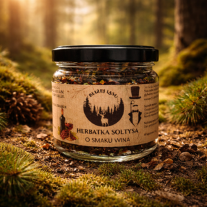 Herbatka Sołtysa o smaku wina Bliżej Lasu w szklanym słoiku na naturalnym tle.